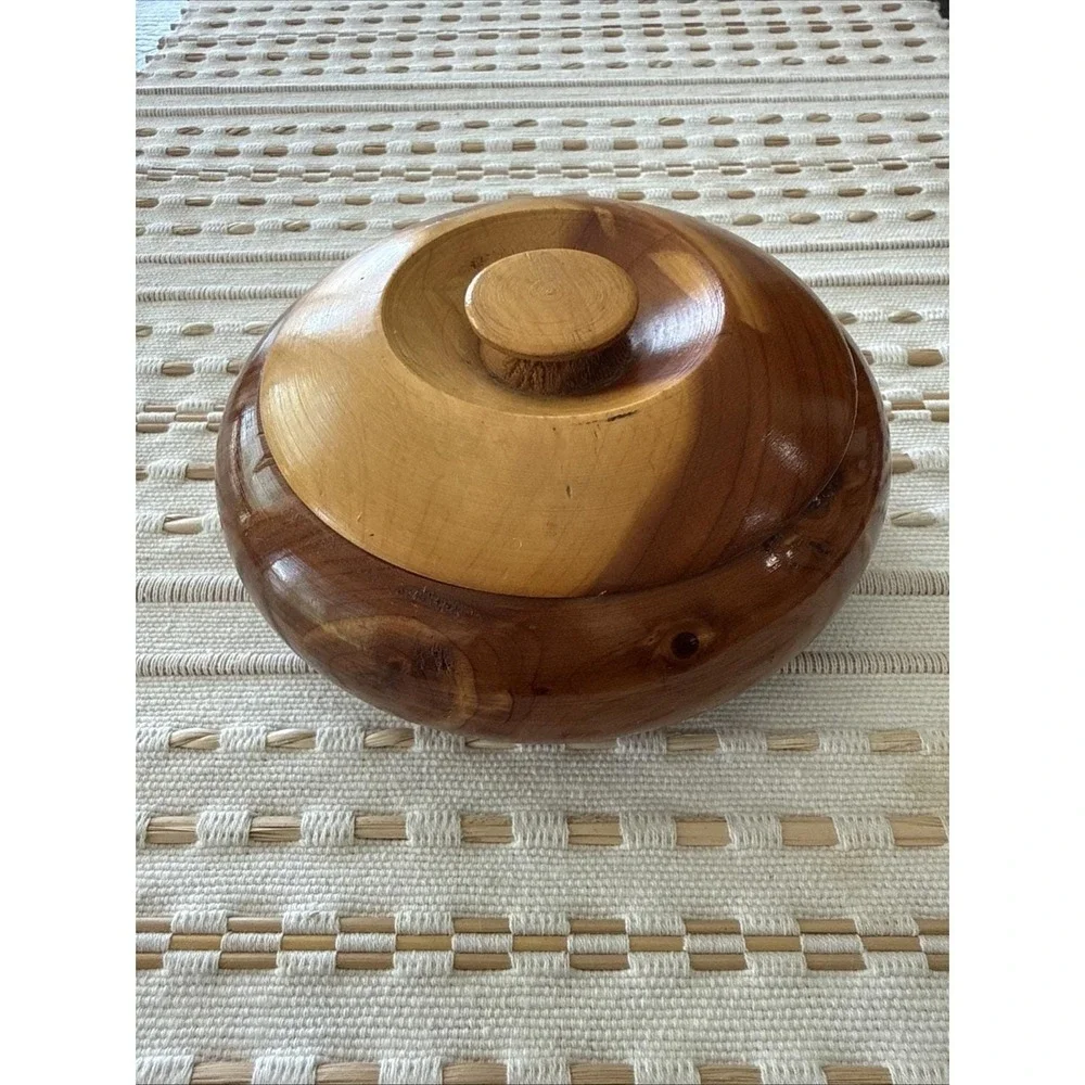 Vintage Hand‎ turned Small Wood Bowl With Lid Trinket Dish MCM